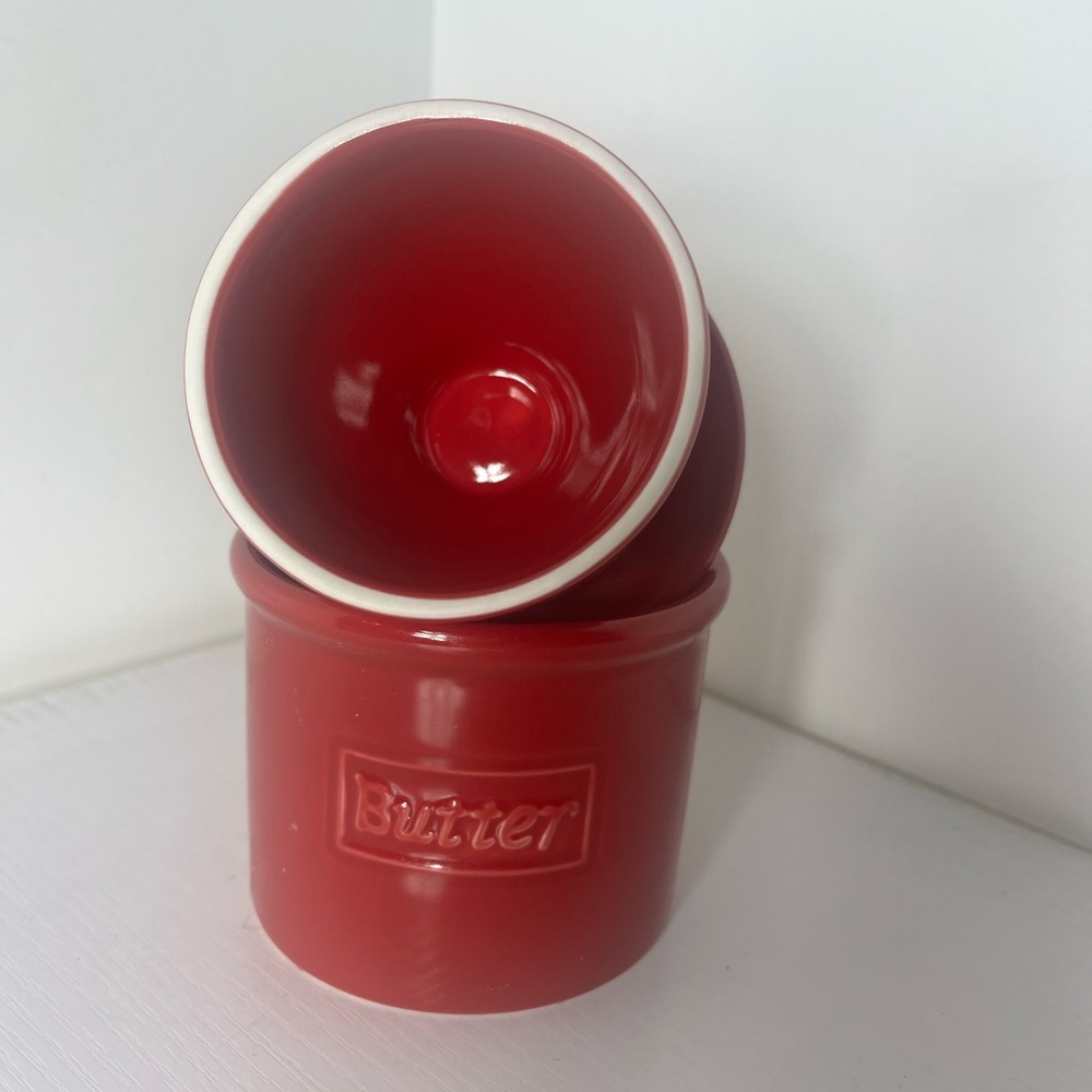 Butter Bell Crock Red French Butter Keeper Ceramic Countertop - Picture 2 of 10